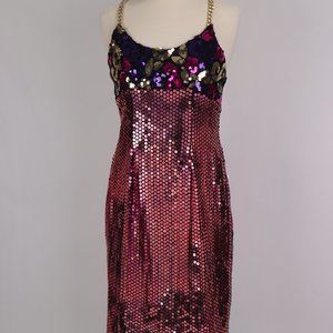 🌺 Vtg 80's Sequin Bodycon Dress Gold Chain Straps Party Cocktail Wedding Prom